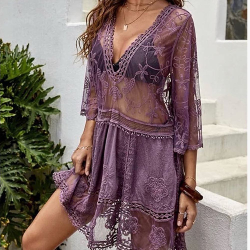 Sheer Lace Floral Swim Cover Up Purple O/S